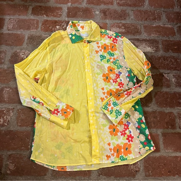 Seaplane Yellow Floral Soft playful, asymmetric Button-Up Long Sleeve Shirt XL - Picture 1 of 16